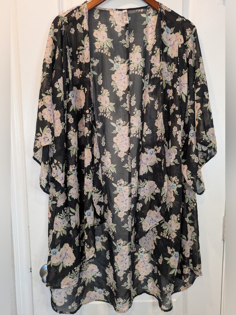 Mudd Floral Kimono Cardigan XL Black Sheer Boho Duster Lightweight Cover Up